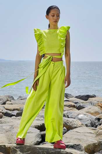 Shop_MATI_Green Cotton Square Neck Ruffled Neon Crop Top_Online_at_Aza_Fashions
