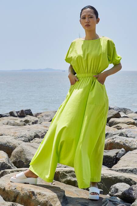 MATI_1_Green Cotton Applique Round Neck Neon Jumpsuit _Online_at_Aza_Fashions