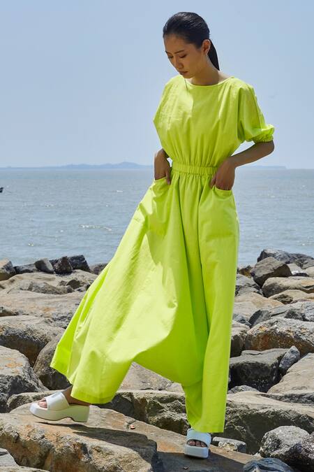 Buy_MATI_1_Green Cotton Applique Round Neck Neon Jumpsuit _Online_at_Aza_Fashions
