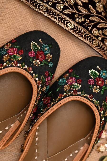 Shop_Coral Haze_Black Shay Velvet Embroidered Juttis_Online_at_Aza_Fashions
