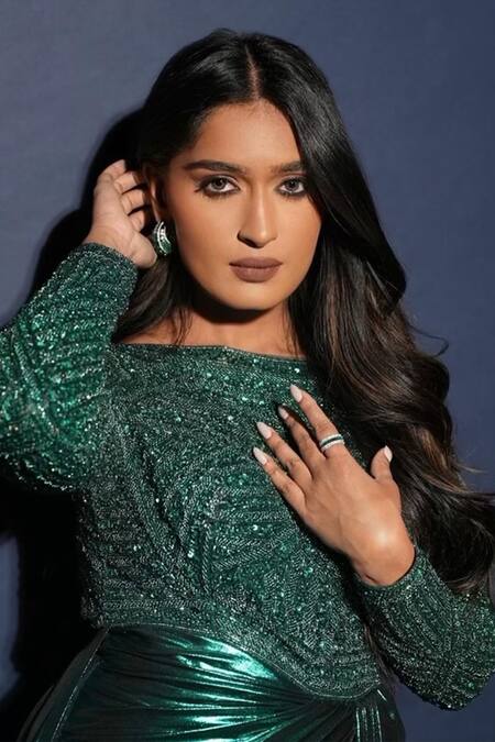 Shop_Shivani Awasty_Green Lace Embroidery Boat Neck Selena Gown _Online_at_Aza_Fashions