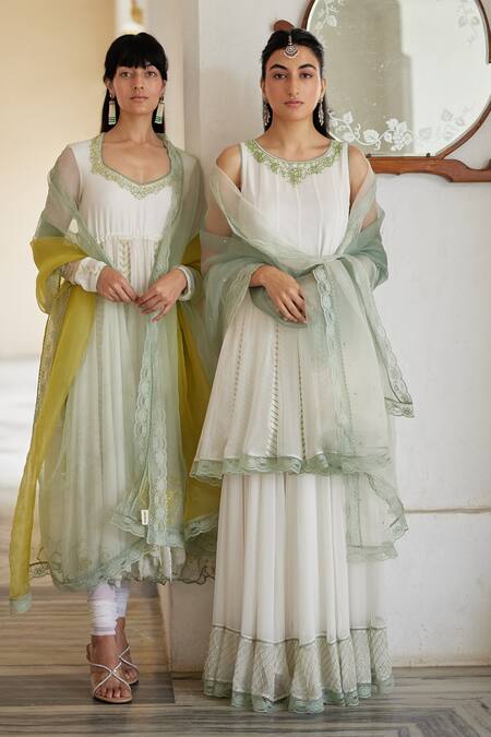 Label Nimbus_Ivory Georgette Hand Embroidered Salli Round Kurta Sharara Set_at_Aza_Fashions