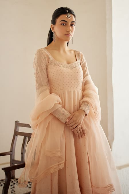 Label Nimbus Peach Chanderi, Cotton, , Organza Embroidery Round Hand Anarkali Set Online at Aza Fashions Label Nimbus_Peach Chanderi, Cotton, , Organza Embroidery Round Hand Anarkali Set _Online_at_Aza_Fashions