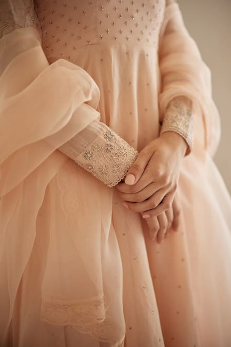 Buy Label Nimbus Peach Chanderi, Cotton, , Organza Embroidery Round Hand Anarkali Set Online at Aza Fashions Buy_Label Nimbus_Peach Chanderi, Cotton, , Organza Embroidery Round Hand Anarkali Set _Online_at_Aza_Fashions