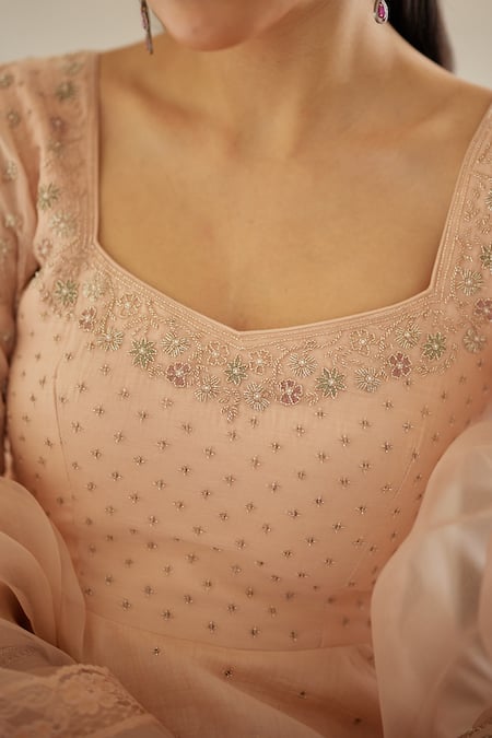 Shop Label Nimbus Peach Chanderi, Cotton, , Organza Embroidery Round Hand Anarkali Set Online at Aza Fashions Shop_Label Nimbus_Peach Chanderi, Cotton, , Organza Embroidery Round Hand Anarkali Set _Online_at_Aza_Fashions