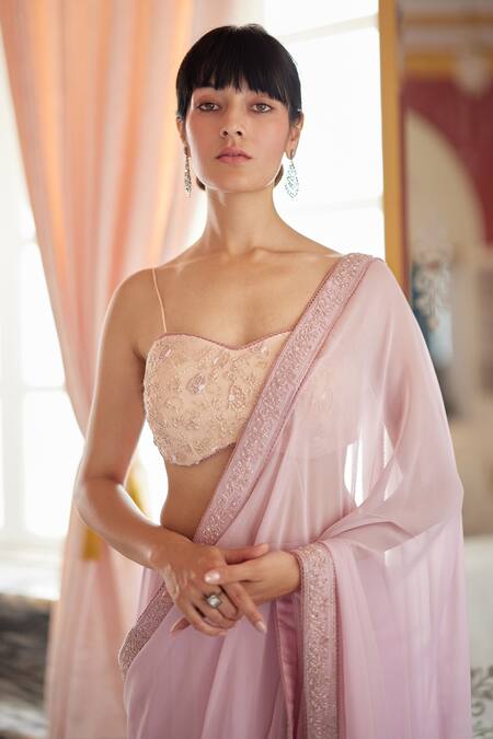 Label Nimbus_Pink Saree  Georgette Hand Embroidered Salli Sweetheart Neck With Blouse_Online_at_Aza_Fashions