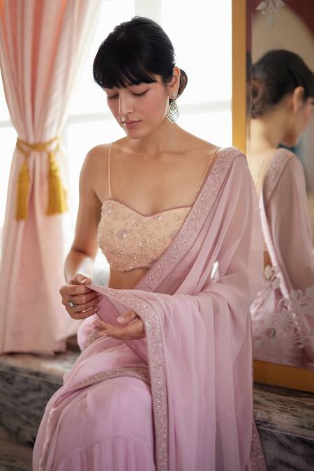 Shop_Label Nimbus_Pink Saree  Georgette Hand Embroidered Salli Sweetheart Neck With Blouse_Online_at_Aza_Fashions