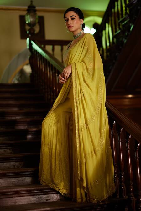 Buy_Label Nimbus_Green Saree  Georgette Hand Embroidered Salli Pre-draped Sharara With Blouse_Online_at_Aza_Fashions