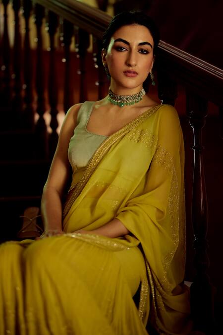 Label Nimbus_Green Saree  Georgette Hand Embroidered Salli Pre-draped Sharara With Blouse_at_Aza_Fashions