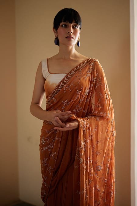 Label Nimbus Orange Saree Georgette Hand Embroidered Salli Square Neck And Pre-draped Set Online at Aza Fashions Label Nimbus_Orange Saree Georgette Hand Embroidered Salli Square Neck And Pre-draped Set _Online_at_Aza_Fashions