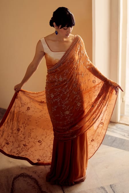 Buy Label Nimbus Orange Saree Georgette Hand Embroidered Salli Square Neck And Pre-draped Set Online at Aza Fashions Buy_Label Nimbus_Orange Saree Georgette Hand Embroidered Salli Square Neck And Pre-draped Set _Online_at_Aza_Fashions