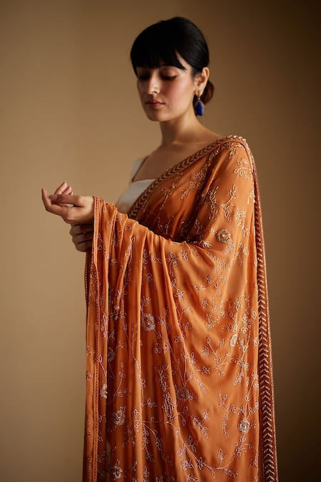 Shop Label Nimbus Orange Saree Georgette Hand Embroidered Salli Square Neck And Pre-draped Set Online at Aza Fashions Shop_Label Nimbus_Orange Saree Georgette Hand Embroidered Salli Square Neck And Pre-draped Set _Online_at_Aza_Fashions
