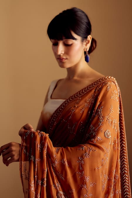 Label Nimbus Orange Saree Georgette Hand Embroidered Salli Square Neck And Pre-draped Set at Aza Fashions Label Nimbus_Orange Saree Georgette Hand Embroidered Salli Square Neck And Pre-draped Set _at_Aza_Fashions