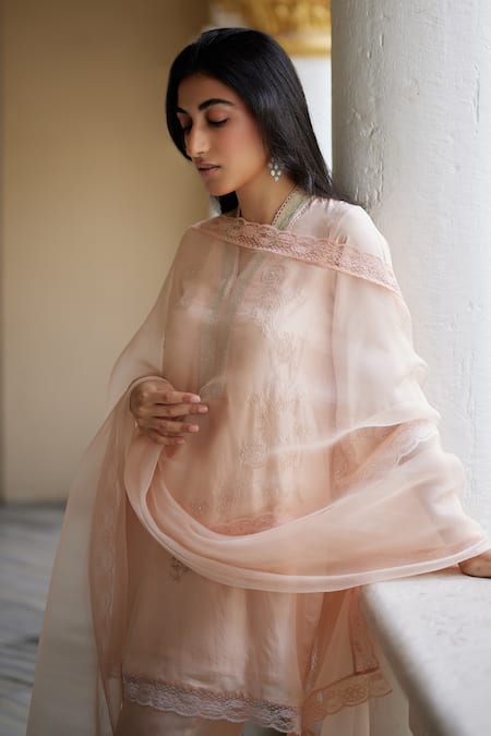 Shop Label Nimbus Peach Habutai Silk Hand Embroidered Salli V Neck Kurta Pant Set Online at Aza Fashions Shop_Label Nimbus_Peach Habutai Silk Hand Embroidered Salli V Neck Kurta Pant Set _Online_at_Aza_Fashions