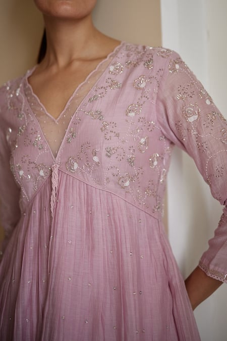 Buy_Label Nimbus_Pink Kurta  Chanderi Hand Embroidered Salli V Neck Peplum And Salwar Set _Online_at_Aza_Fashions