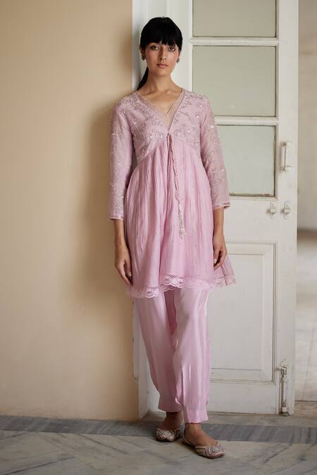 Shop_Label Nimbus_Pink Kurta  Chanderi Hand Embroidered Salli V Neck Peplum And Salwar Set _Online_at_Aza_Fashions