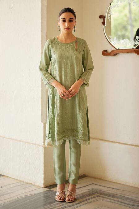 Label Nimbus_Green Habutai Silk Hand Embroidered Salli Round Kurta Pant Set _Online_at_Aza_Fashions