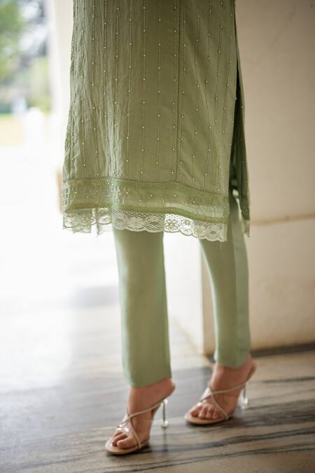 Shop_Label Nimbus_Green Habutai Silk Hand Embroidered Salli Round Kurta Pant Set _Online_at_Aza_Fashions