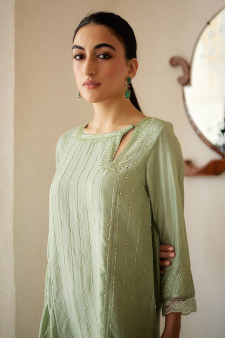 Label Nimbus_Green Habutai Silk Hand Embroidered Salli Round Kurta Pant Set _at_Aza_Fashions