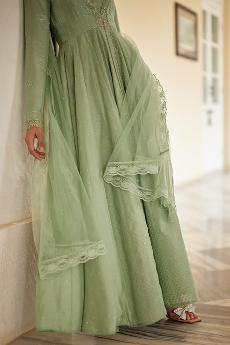 Label Nimbus_Green Anarkali  Habutai Silk Hand Embroidered Salli Bustier  Round Pant Set _Online_at_Aza_Fashions