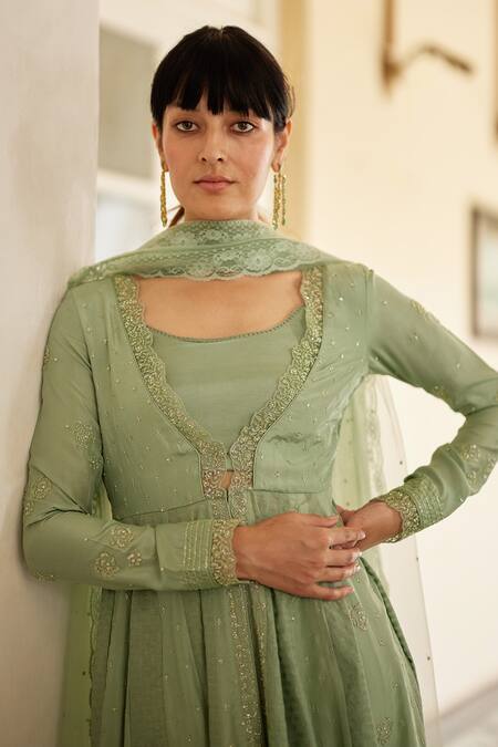 Buy_Label Nimbus_Green Anarkali  Habutai Silk Hand Embroidered Salli Bustier  Round Pant Set _Online_at_Aza_Fashions