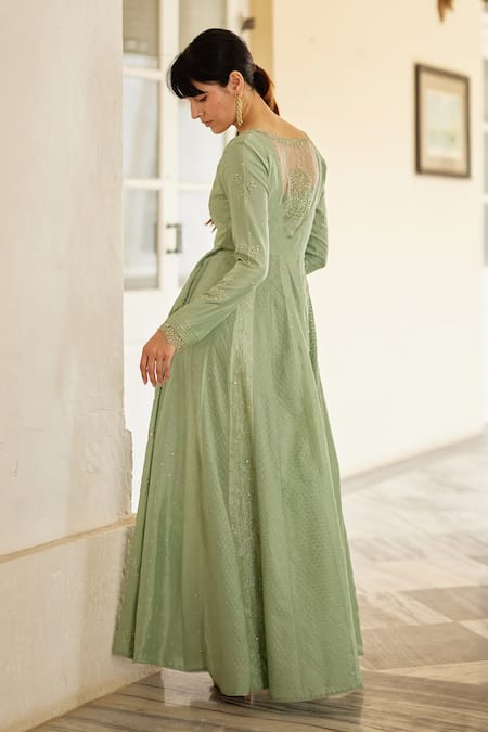 Shop_Label Nimbus_Green Anarkali  Habutai Silk Hand Embroidered Salli Bustier  Round Pant Set _Online_at_Aza_Fashions