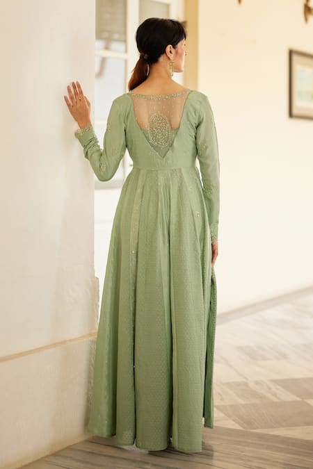 Label Nimbus_Green Anarkali  Habutai Silk Hand Embroidered Salli Bustier  Round Pant Set _at_Aza_Fashions