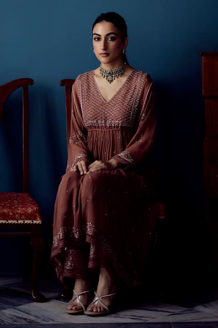 Label Nimbus_Brown Georgette Hand Embroidered Salli V Neck Kurta Pant Set_Online_at_Aza_Fashions