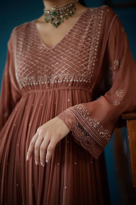 Buy_Label Nimbus_Brown Georgette Hand Embroidered Salli V Neck Kurta Pant Set_Online_at_Aza_Fashions