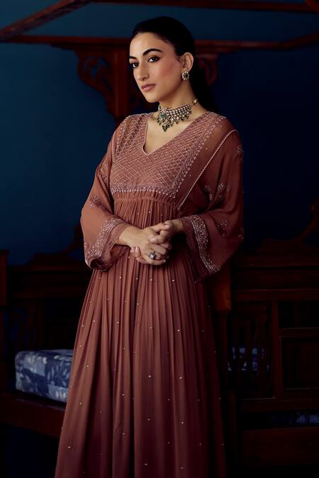 Shop_Label Nimbus_Brown Georgette Hand Embroidered Salli V Neck Kurta Pant Set_Online_at_Aza_Fashions