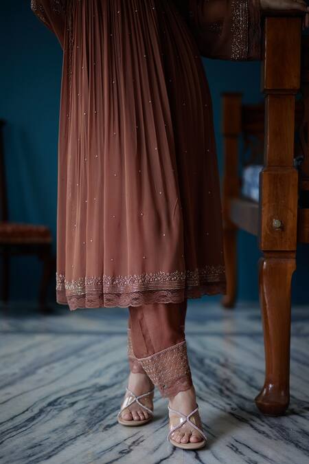 Label Nimbus_Brown Georgette Hand Embroidered Salli V Neck Kurta Pant Set_at_Aza_Fashions