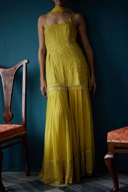 Label Nimbus_Green Georgette Hand Embroidered Salli Round Kurta Sharara Set _Online_at_Aza_Fashions