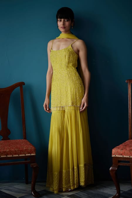 Buy_Label Nimbus_Green Georgette Hand Embroidered Salli Round Kurta Sharara Set _Online_at_Aza_Fashions