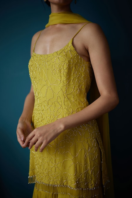 Shop_Label Nimbus_Green Georgette Hand Embroidered Salli Round Kurta Sharara Set _Online_at_Aza_Fashions