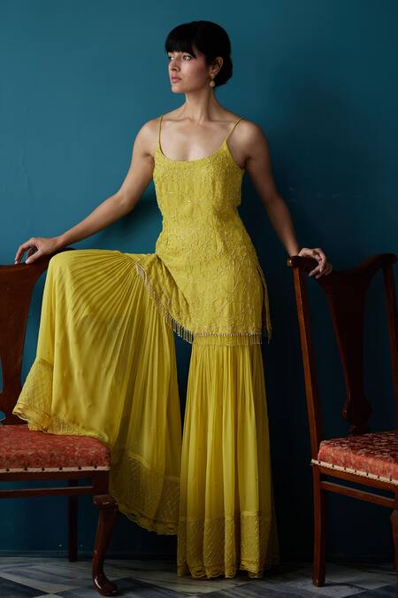 Label Nimbus_Green Georgette Hand Embroidered Salli Round Kurta Sharara Set _at_Aza_Fashions