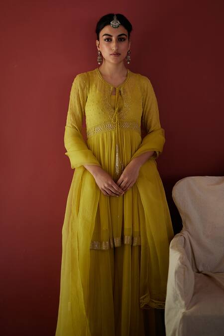 Label Nimbus_Green Georgette Hand Embroidered Salli Round Peplum Kurta Sharara Set_Online_at_Aza_Fashions