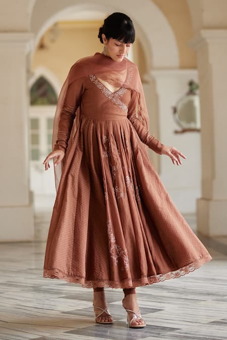 Label Nimbus_Brown Anarkali  Chanderi And Jamdani Hand Embroidered Salli V Neck Angrakha Set _Online_at_Aza_Fashions