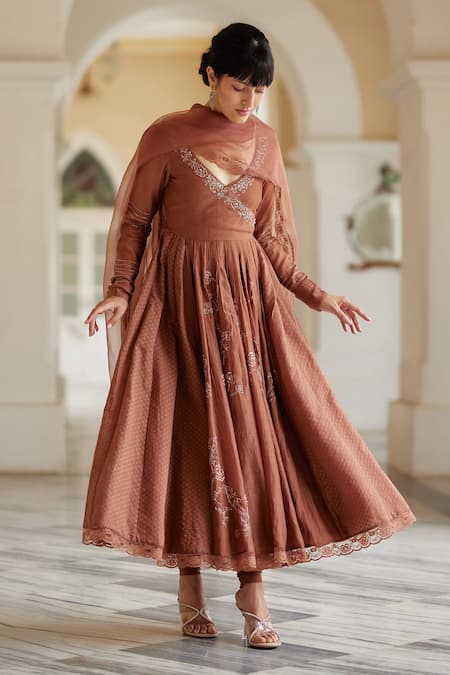 Buy_Label Nimbus_Brown Anarkali  Chanderi And Jamdani Hand Embroidered Salli V Neck Angrakha Set _Online_at_Aza_Fashions