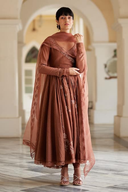 Shop_Label Nimbus_Brown Anarkali  Chanderi And Jamdani Hand Embroidered Salli V Neck Angrakha Set _Online_at_Aza_Fashions