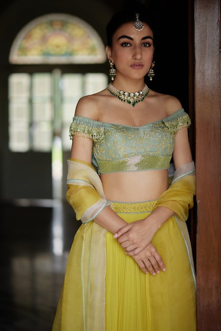 Label Nimbus Green , Georgette, Organza Embroidery One Hand Blouse Lehenga Set Online at Aza Fashions Label Nimbus_Green , Georgette, Organza Embroidery One Hand Blouse Lehenga Set _Online_at_Aza_Fashions