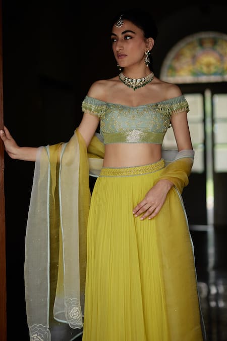 Buy Label Nimbus Green , Georgette, Organza Embroidery One Hand Blouse Lehenga Set Online at Aza Fashions Buy_Label Nimbus_Green , Georgette, Organza Embroidery One Hand Blouse Lehenga Set _Online_at_Aza_Fashions
