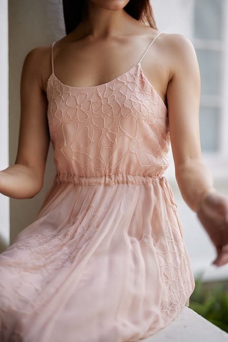 Label Nimbus Peach Georgette Cut Work, Embroidery Round Neck Hand Spaghetti Dress Online at Aza Fashions Label Nimbus_Peach Georgette Cut Work, Embroidery Round Neck Hand Spaghetti Dress _Online_at_Aza_Fashions