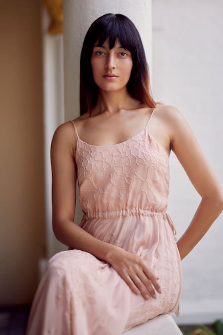 Buy Label Nimbus Peach Georgette Cut Work, Embroidery Round Neck Hand Spaghetti Dress Online at Aza Fashions Buy_Label Nimbus_Peach Georgette Cut Work, Embroidery Round Neck Hand Spaghetti Dress _Online_at_Aza_Fashions