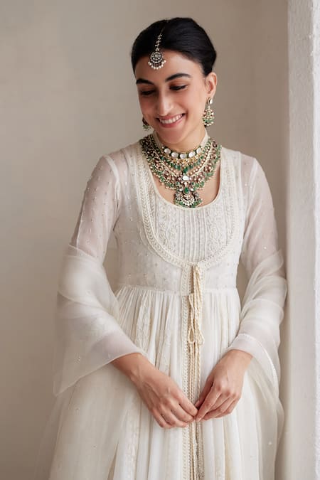 Shop_Label Nimbus_Ivory Anarkali  Georgette Hand Embroidered Salli Round Set _Online_at_Aza_Fashions