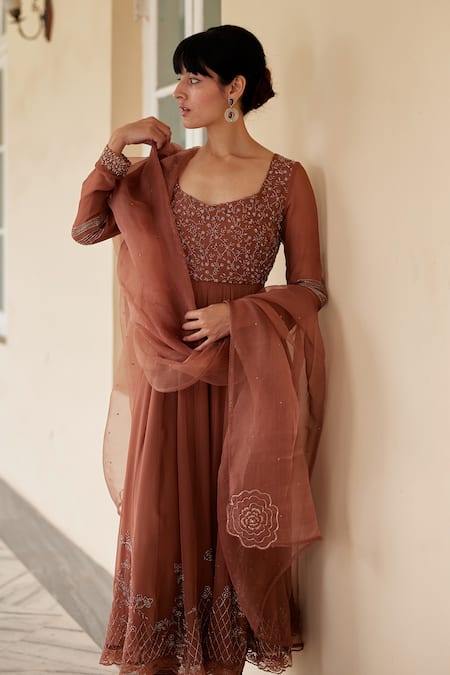 Label Nimbus_Brown Anarkali  Georgette Hand Embroidered Salli Queen Anne Churidar Set _Online_at_Aza_Fashions