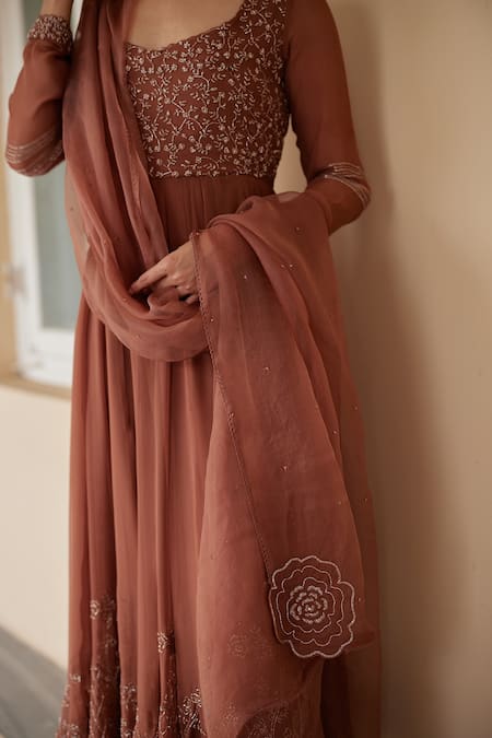 Buy_Label Nimbus_Brown Anarkali  Georgette Hand Embroidered Salli Queen Anne Churidar Set _Online_at_Aza_Fashions
