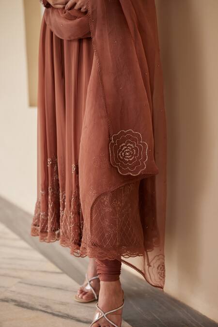 Shop_Label Nimbus_Brown Anarkali  Georgette Hand Embroidered Salli Queen Anne Churidar Set _Online_at_Aza_Fashions