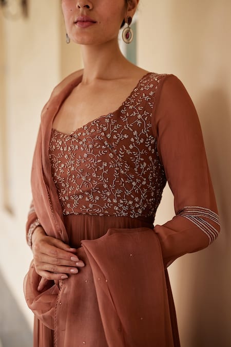 Label Nimbus_Brown Anarkali  Georgette Hand Embroidered Salli Queen Anne Churidar Set _at_Aza_Fashions