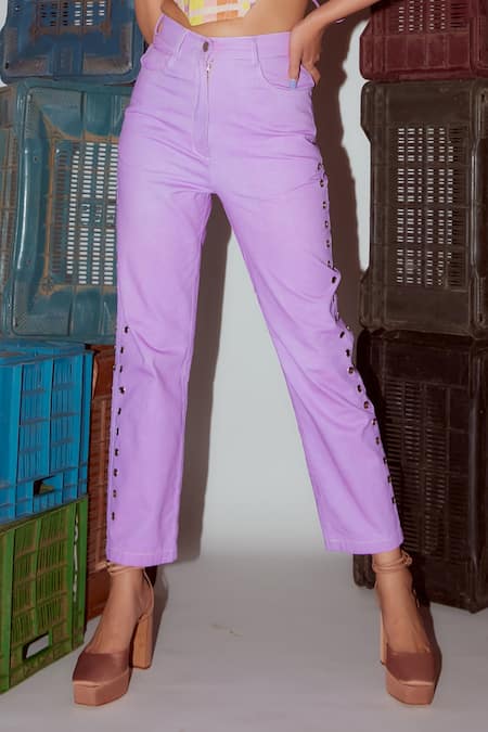 Nirmooha_Purple Denim Rivet Detail Pant _at_Aza_Fashions