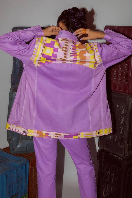Buy_Nirmooha_Purple Denim Collared Geometric Print Detail Jacket _Online_at_Aza_Fashions